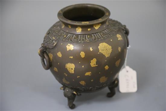 A fine and rare Chinese gold splashed bronze globular censer, 17th/18th century, with Qing dynasty triple ruyi head hardwood stand